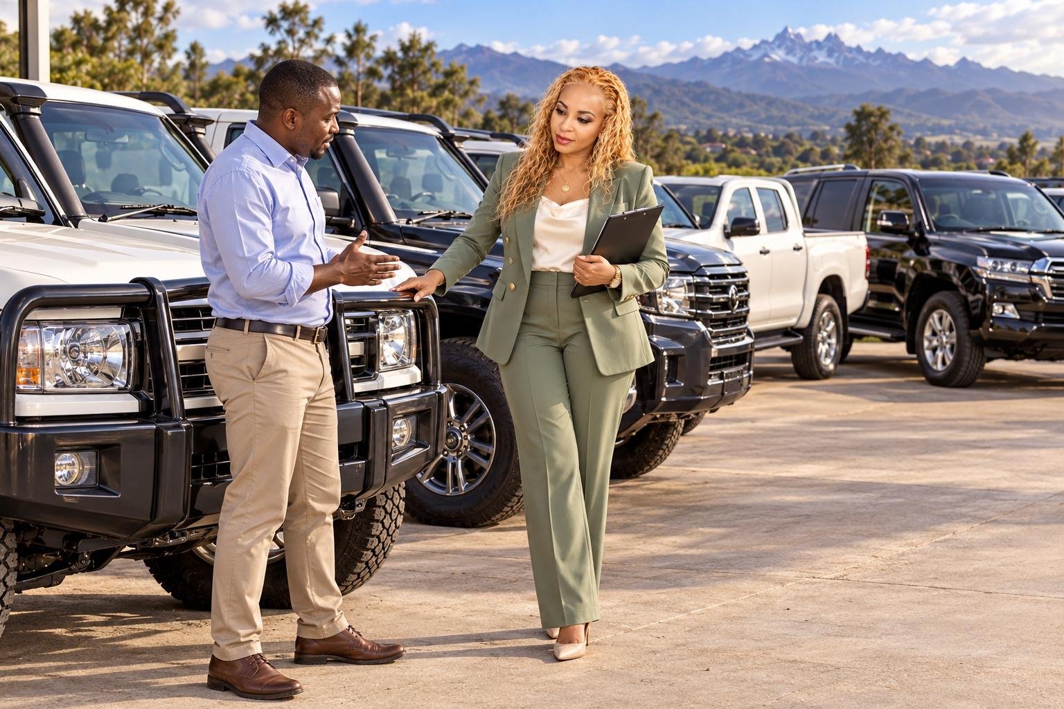 Representative inspecting 4x4 and security transport vehicles